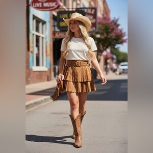 Suede pleated mini skirt / skort with attached belt NWT Women’s medium